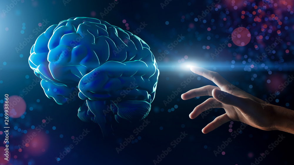 Poster hand touching artificial brain on glitter background