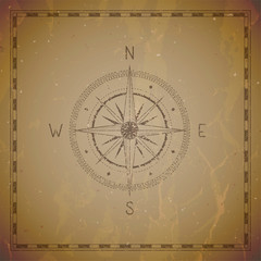 Fototapeta na wymiar Vector illustration with a vintage compass or wind rose and frame on grunge background.