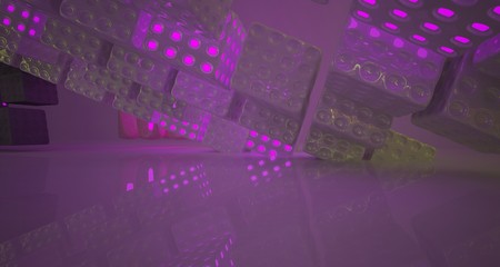 Abstract  white Futuristic Sci-Fi interior With Pink And Yellow Glowing Neon Tubes . 3D illustration and rendering.