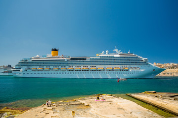 Cruise ship and Valletta harbor view from Birgu. Malta