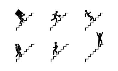 people climb the stairs, various icons, stick figures man pictogram