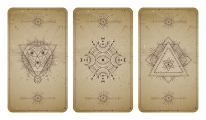 Vector set of three vintage backgrounds with geometric symbols and frames. Abstract geometric symbols and sacred mystic signs drawn in lines.