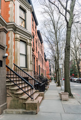 Brownstone facades & row houses  in an iconic neighborhood of Brooklyn Heights in New York City