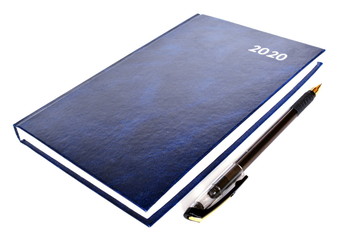 Closed blue leather notebook for new year with text 2020 on cover and office black ballpoint pen on white background. Isolated