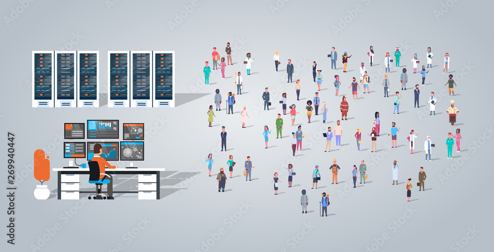 Poster man working in data center over people group different occupation employees mix race workers crowd h