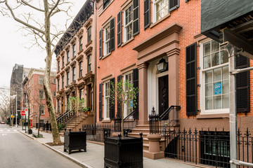 Brownstone facades & row houses  in an iconic neighborhood of Brooklyn Heights in New York City
