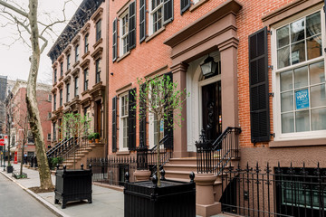 Brownstone facades & row houses  in an iconic neighborhood of Brooklyn Heights in New York City