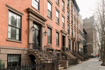 Brownstone facades & row houses  in an iconic neighborhood of Brooklyn Heights in New York City