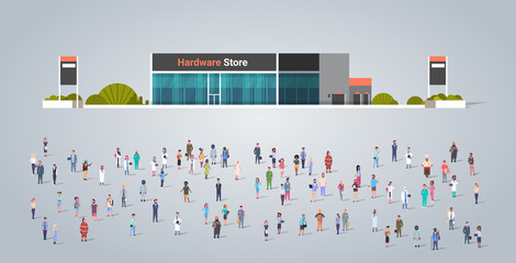 people group in front of hardware store building different occupation employees mix race workers crowd illustration