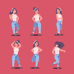 set young women group in casual clothes standing different poses smiling female cartoon characters collection girls posing on red background flat full length