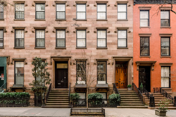 Brownstone facades & row houses  in an iconic neighborhood of Brooklyn Heights in New York City