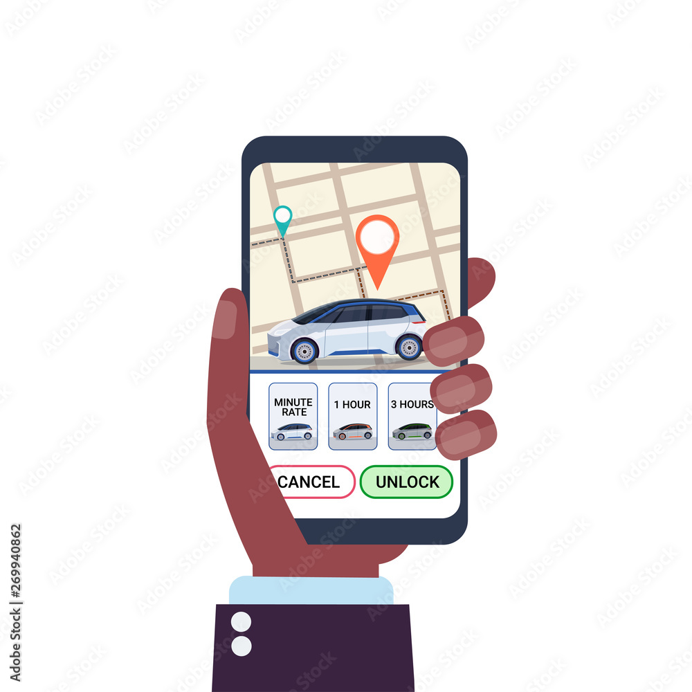 Poster human hand using online ordering taxi car sharing mobile application concept smartphone screen with 