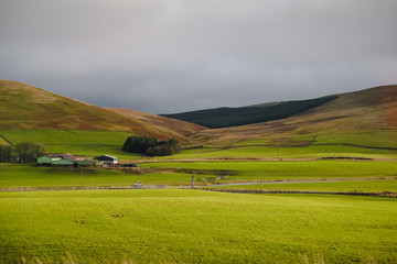 Obraz premium Scottish landscape with green field and mountains