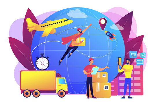 Courier carrying order, delivering parcel. Express cargo delivery service, air freight logistics and distribution, global postal mail concept. Bright vibrant violet vector isolated illustration