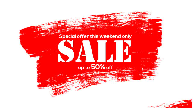 Sale. Creative banner for sales with discounts. Large brush strokes of red acrylic paint isolated on white background. Get up to fifty percent discount. Realistic brushstrokes texture - Powered by Adobe