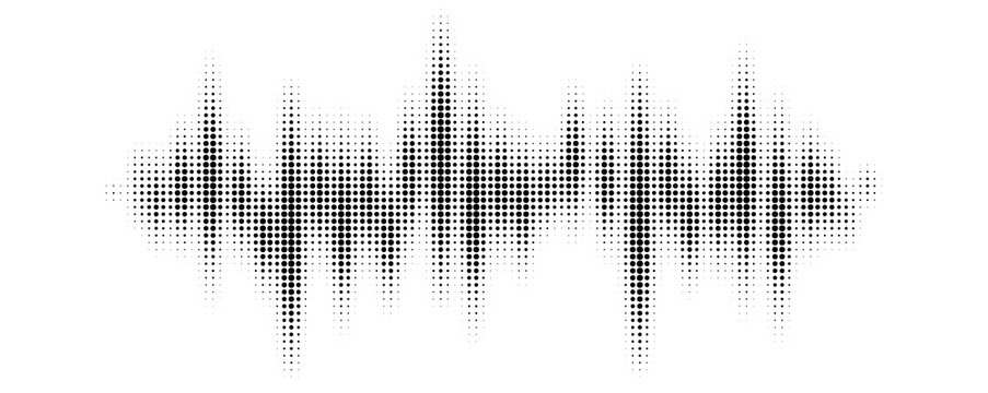 Black halftone pattern for screen blending mode. Halftone pattern audio waveform. Sound wave spectrum. Modern design rhythm of heart. Abstract dotted ornament isolated on white background