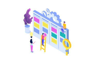 Scrum or canban task board isometric concept. Notes for agile software development. Vector illustration.