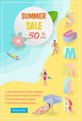 Summer vacation ads template with people in summer, girls in bathing suits, sand, sea, beach, big letters, beach summer accessories. isometric illustration - Vector 