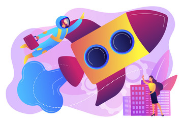 Businessman in astronaut costume flying up with rocket into space and tiny people. Space travel, space tourism, commercial spacecraft concept. Bright vibrant violet vector isolated illustration