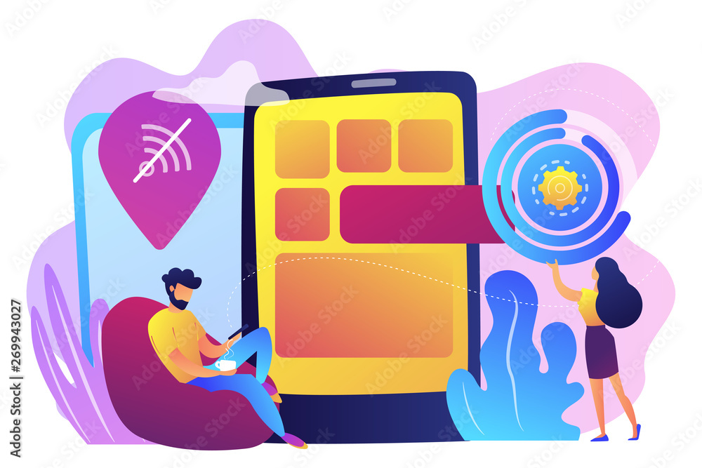 Poster developer working on web app on smartphone, user offline, tiny people. progressive web app, working 