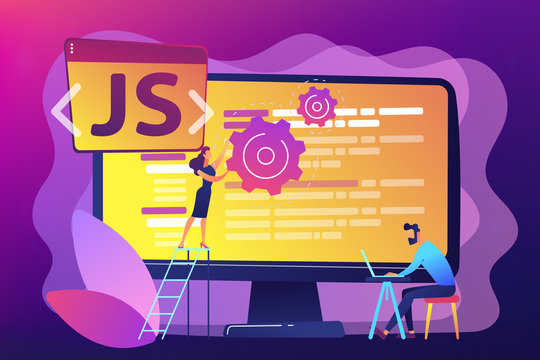 Programmers using JavaScript programming language on computer, tiny people. JavaScript language, JavaScript engine, JS web development concept. Bright vibrant violet vector isolated illustration