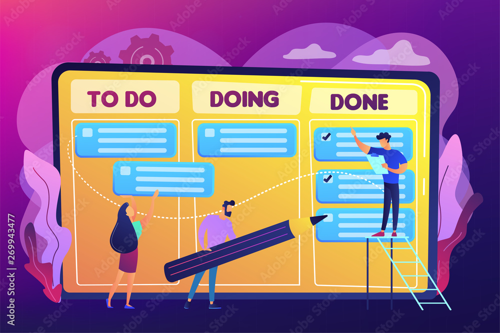 Poster tiny business people and manager at tasks and goals accomplishment chart. task management, project m