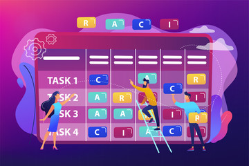 Tiny business people at responsibility chart with tasks. RACI matrix, responsibility assignment matrix, linear responsibility chart concept. Bright vibrant violet vector isolated illustration
