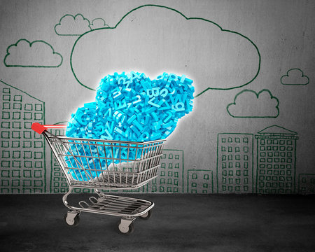 Big data and cloud computing concept. Shopping cart with illuminated cloud of blue letters and numbers, side view, on cityscapes doodles of concrete wall background.