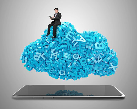 Big data and cloud computing concept. Working businessman sitting on cloud of blue letters and numbers with digital tablet, isolated on gray background.