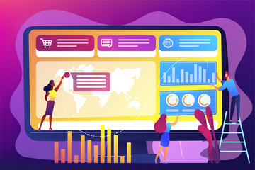 Tiny business people build dashboard and analyze statistics. Dashboard service, online reporting mechanism, key performance indicators concept. Bright vibrant violet vector isolated illustration