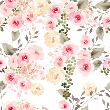 Beautiful Watercolor Seamless Pattern With Roses Flowers.