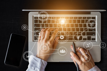 Top view Businesswoman hand working digital marketing media in virtual screen with mobile phone and...