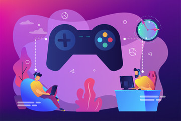 Tiny people gamers playing online video game, huge joystick and clock. Gaming disorder, video gaming addiction, decreased attention span concept. Bright vibrant violet vector isolated illustration