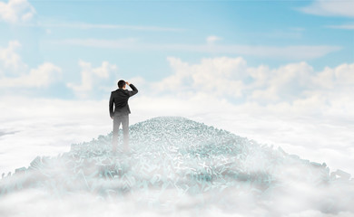 Big data highway, information analysis and restructuring concept, businessman looking for direction on the road of huge amount of green letters and numbers in the air, with sky clouds background.