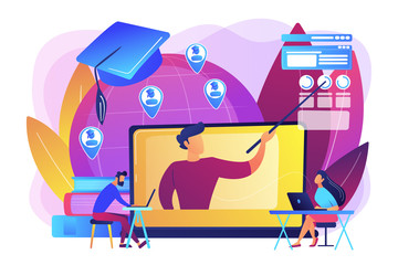 Distance university students flat characters watching tutorial video. Global online education, e-learning tools, internet training webinar concept. Bright vibrant violet vector isolated illustration