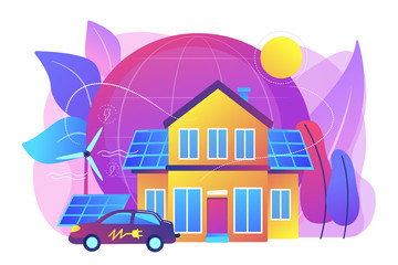 Future smart tech. Alternative electrical power, ecology friendly energy. Eco house, environmentally low-impact home, ecohome technology concept. Bright vibrant violet vector isolated illustration