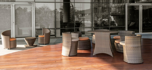 Large terrace patio with rattan furniture