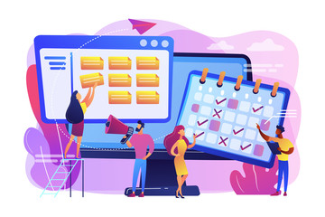 Time management, marketers teamwork. Media planning, media representation control, reach your client, best media plan for your brand concept. Bright vibrant violet vector isolated illustration