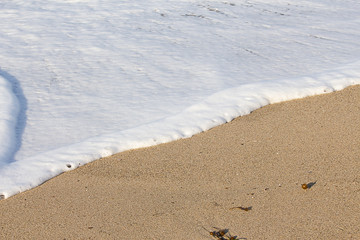 foaming breaking wave and backwash foam on a sandy shoreline