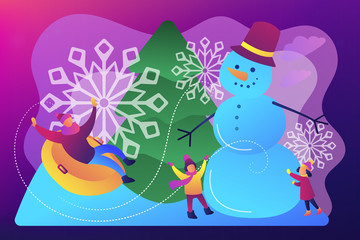 Obraz na płótnie Canvas Happy people having fun outdoor in winter sledding and making snowman. Winter outdoor fun, building a snowman, snowball fight and sledding concept.Bright vibrant violet vector isolated illustration