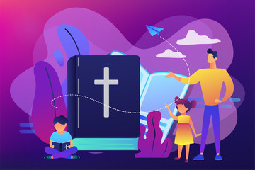 Tiny people, kids boy and girl in christian summer camp reading bible. Religious summer camp, faith based camp, religious education concept. Bright vibrant violet vector isolated illustration