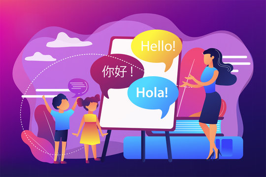 Tiny people, teacher and kids in camp learning English and Chinese. Language learning camp, summer language program, learn foreign languages concept. Bright vibrant violet vector isolated illustration