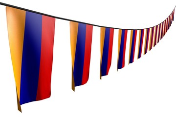 beautiful many Armenia flags or banners hangs diagonal with perspective view on string isolated on white - any feast flag 3d illustration..