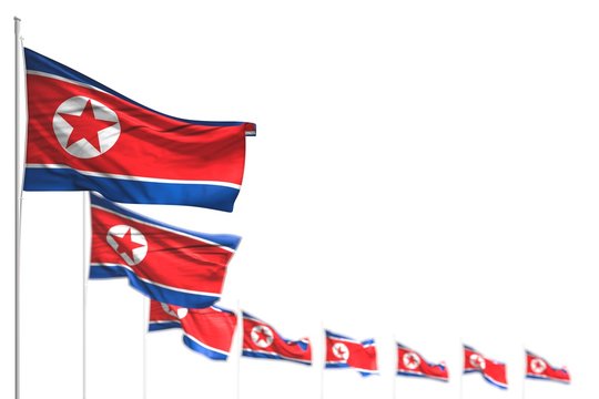 wonderful celebration flag 3d illustration. - North Korea isolated flags placed diagonal, image with selective focus and space for text