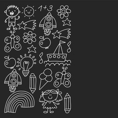 Fototapeta premium Children garden, Monochrome hand drawn children garden elements pattern, doodle illustration, Vector, illustration, Vertical