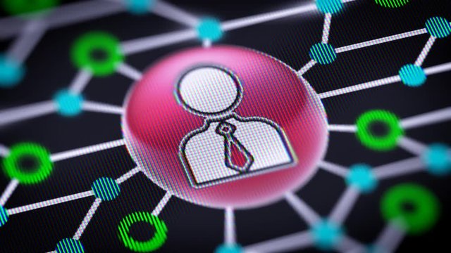 Person icon. Circuit board in the screen. Looping footage with codec Prores 4444.