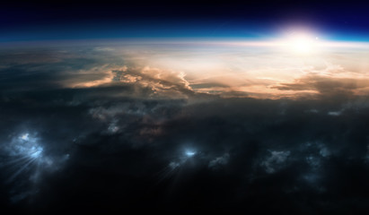 Sunrise on planet orbit, space beauty