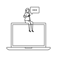 woman using smartphone seated in laptop with speech bubble