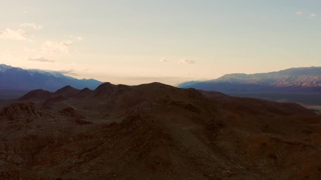 Sunset at the Alabama Hills near Lone Pine, California. With in the background the tallest mountain Mount Whitney. Aerial shot.