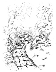 Fototapeta premium Black and white forest pavement sketch